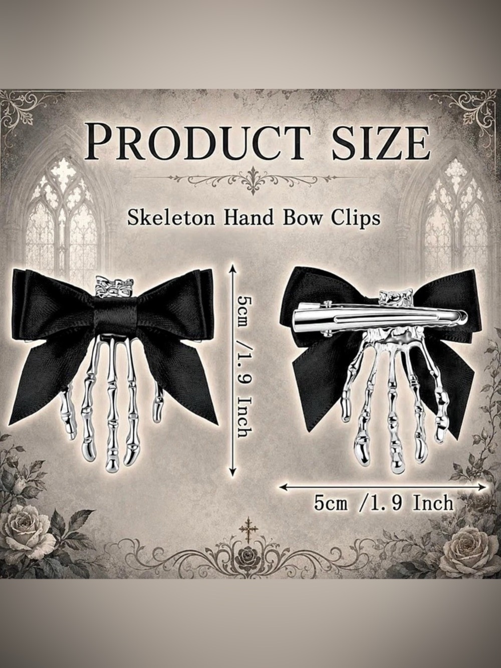 $6 Add-on | Halloween | Skeleton Hand Bow Hair Clips Gothic Black & Silver Hair